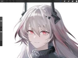 Rule 34 | 1girl, aliasing, arknights, art program in frame, black horns, black sweater, chinese commentary, chinese text, close-up, closed mouth, commentary request, cursor, d873386235, grey hair, hair between eyes, highres, horns, icon (computing), long hair, looking at viewer, pink hair, portrait, red eyes, simple background, smile, solo, sweater, theresa (arknights), turtleneck, turtleneck sweater, unfinished, white background