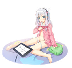 Rule 34 | 10s, 1girl, bad id, bad pixiv id, barefoot, blue eyes, blush, eromanga sensei, feet, gradient hair, headset, highres, ifnil, izumi sagiri, lifting own clothes, light purple hair, looking at viewer, multicolored hair, navel, open mouth, pajamas, panties, panty pull, silver hair, simple background, solo, stuffed animal, stuffed octopus, stuffed toy, tablet pc, toes, underwear, white background, white panties