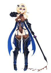 Rule 34 | 1girl, annoyed, armor, barbariank, bare shoulders, blonde hair, blood, blue scarf, breasts, cleavage cutout, clothing cutout, commentary, dark persona, full body, garter straps, gauntlets, genshin impact, gluteal fold, greaves, hair between eyes, highres, leotard, long hair, lumine (genshin impact), medium breasts, nipples, pubic tattoo, purple eyes, scarf, see-through, simple background, solo, standing, sword, tattoo, thighhighs, weapon, white background