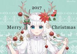 Rule 34 | 1girl, 2017, animal ears, antlers, bad id, bad pixiv id, blue eyes, blunt bangs, blush, box, candy, candy cane, christmas, christmas ornaments, christmas stocking, chrysanthemum, deer ears, english text, flower, food, frilled sleeves, frills, gift, gift box, gingerbread man, green background, hair flower, hair ornament, hand in own hair, holding, holding hair, holly, horns, kanno sayu, long hair, looking at viewer, merry christmas, original, parted lips, reindeer antlers, shirt, short sleeves, smile, snowflakes, solo, star (symbol), twitter username, upper body, very long hair, white hair, white shirt