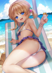 Rule 34 | 1girl, ass, bare arms, bare shoulders, bikini, blonde hair, blue eyes, breasts, commentary request, day, frog hair ornament, hair ornament, highres, holding, long hair, looking at viewer, lying, moriya suwako, nora wanko, on side, outdoors, short twintails, small breasts, smile, solo, summer, swimsuit, touhou, twintails, white bikini