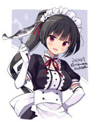 Rule 34 | 1girl, alternate costume, alternate hairstyle, apron, black hair, blush, breasts, dated, elbow gloves, enmaided, fish, food, gloves, holding, isokaze (kancolle), kantai collection, long hair, maid, maid apron, maid headdress, medium breasts, odawara hakone, open mouth, ponytail, red eyes, saury, short sleeves, smile, solo, twitter username, white apron, white gloves