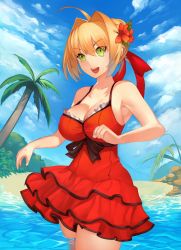 Rule 34 | 1girl, absurdres, ahoge, bare shoulders, beach, blonde hair, breasts, cleavage, cloud, commentary request, day, dress, fate/grand order, fate (series), flower, green eyes, hair flower, hair intakes, hair ornament, highres, large breasts, long hair, looking at viewer, nero claudius (fate), nero claudius (fate) (all), nero claudius (fate/extra), nero claudius (swimsuit caster) (fate), official alternate costume, palm tree, red dress, rose, sky, smile, solo, swimsuit, tahnya, thighs, tree, water