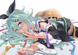 Rule 34 | 1girl, black ribbon, black serafuku, black skirt, black thighhighs, blue neckerchief, blush, choker, commentary request, confetti, detached sleeves, feet out of frame, fingernails, gradient background, green eyes, green hair, green nails, hair between eyes, hair flaps, hair ornament, hair ribbon, hairclip, highres, kantai collection, long hair, looking at viewer, lying, nail polish, neckerchief, on side, open mouth, parted bangs, pleated skirt, ponytail, ribbon, school uniform, serafuku, sidelocks, skirt, smile, solo, sugue tettou, thighhighs, v, white choker, yamakaze (kancolle), zettai ryouiki