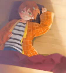 Rule 34 | 1girl, :3, arm up, backlighting, blurry, blurry foreground, blush, casual, clenched hands, depth of field, floor, grin, hair between eyes, hair ornament, hairclip, hand on own stomach, hand up, hanten (clothes), hoshizora rin, indoors, kotatsu, long sleeves, looking at viewer, looking to the side, love live!, love live! school idol project, loveariddle, lying, nose, on back, on floor, open clothes, orange hair, parted lips, pillow, shade, shirt, short hair, smile, solo, striped clothes, striped shirt, sunlight, table, under kotatsu, under table, unkempt, upper body, white shirt, wide sleeves, wooden floor, yellow eyes