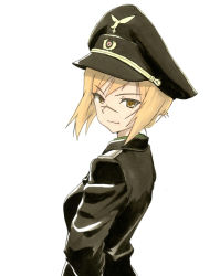 Rule 34 | 1girl, alternate hairstyle, bad id, bad pixiv id, blonde hair, folded ponytail, hanna rudel, hat, jacket, long hair, long sleeves, looking back, military, military uniform, peaked cap, ponytail, scar, scar on face, scar on nose, shiratama (hockey), simple background, solo, strike witches, strike witches: suomus misfits squadron, uniform, white background, world witches series, yellow eyes