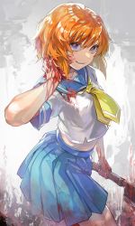 Rule 34 | 1girl, absurdres, blood, blood on clothes, blood on hands, blue eyes, blue sailor collar, blue skirt, commentary request, contrapposto, cowboy shot, crazy smile, from side, hand up, highres, higurashi no naku koro ni, holding, holding weapon, kyusoukyu, looking at viewer, medium hair, nata (tool), orange hair, parted lips, pleated skirt, red pupils, ryuuguu rena, sailor collar, school uniform, scratching, scratching neck, self-harm, self harm, serafuku, shirt, short sleeves, skirt, smile, solo, standing, weapon, white background, white shirt