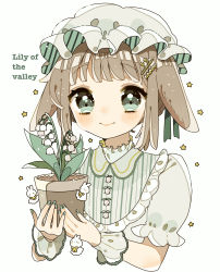 Rule 34 | 1girl, :&gt;, absurdres, animal ears, blunt bangs, blush, bonnet, brown hair, buttons, closed mouth, collared shirt, cuffs, english text, flower, flower pot, frilled cuffs, frilled shirt collar, frills, green eyes, hair ornament, hairpin, hat, high collar, highres, holding, holding flower pot, holding plant, lily of the valley, looking at viewer, mob cap, nagihoko, nail polish, original, plant, potted plant, puffy short sleeves, puffy sleeves, rabbit, ribbon, shirt, short hair, short sleeves, smile, solo, star (symbol), striped clothes, striped headwear, white hat
