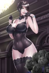 Rule 34 | 1girl, bare shoulders, biting, black gloves, blush, bouquet, bow, bracelet, breasts, chandelier, cleavage, collarbone, covered erect nipples, damegane, detached collar, finger biting, flower, from below, gloves, green eyes, hair bow, hair ornament, highres, indoors, jewelry, lace, lace-trimmed legwear, lace trim, large breasts, lingerie, looking at viewer, mole, mole under eye, necklace, original, parted lips, red lips, see-through, shiny skin, solo, thighhighs, thighs, underwear