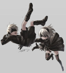 Rule 34 | 1boy, 1girl, black dress, black footwear, black gloves, black headband, black shirt, black thighhighs, blindfold, breasts, commentary request, dress, falling, gloves, grey background, headband, long sleeves, medium breasts, nier (series), nier:automata, open mouth, outstretched arms, puffy sleeves, sacanahen, shirt, short hair, signature, silver hair, simple background, thighhighs, 2b (nier:automata), 9s (nier:automata)