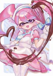 Rule 34 | 1girl, apron, blue background, blue bow, blue necktie, border, bow, chocolate, commentary request, d msy8, dress, eyelashes, fang, frilled gloves, frills, gloves, heart, heart-shaped pupils, highres, holding, holding whisk, inkling, inkling girl, inkling player character, long hair, looking at viewer, necktie, nintendo, open mouth, outside border, pink dress, pink hair, pointy ears, purple eyes, skin fang, smile, solo, splatoon (series), standing, symbol-shaped pupils, tentacle hair, thick eyebrows, thighhighs, tongue, twintails, v-shaped eyebrows, whisk, white apron, white border, white gloves, white headdress, white thighhighs