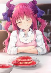 Rule 34 | 1girl, alternate costume, apron, arm support, bad food, bad id, bad pixiv id, blood, blurry, blurry background, blush, bowl, closed mouth, collared shirt, commentary request, curled horns, depth of field, elizabeth bathory (fate), elizabeth bathory (fate/extra ccc), eyeball, closed eyes, facing viewer, fang, fang out, fate/grand order, fate (series), flower, food, head tilt, horns, indoors, inora, long hair, meat, pink apron, pink hair, plate, pointy ears, revision, shelf, shirt, sidelocks, sleeves rolled up, smile, solo, soup, table, tongue, two side up, upper body, vase, wavy hair, white shirt, wing collar