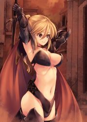 Rule 34 | 1girl, armor, armored boots, armpits, arms behind head, arms up, bikini, bikini armor, black armor, black bikini, black thighhighs, blonde hair, boots, breasts, brown eyes, cape, choker, cleavage, closed mouth, collarbone, commentary request, cowboy shot, elbow gloves, gauntlets, gloves, greaves, groin, hair between eyes, highres, kirishima satoshi, looking to the side, medium breasts, navel, original, outdoors, ponytail, red cape, redrawn, sheath, sidelocks, smile, solo, standing, stomach, swimsuit, sword, thighhighs, unsheathed, weapon