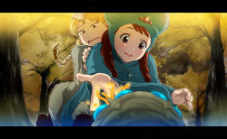 Rule 34 | 71, brown eyes, brown hair, commentary request, creature, forest, hat, jewelry, kaze no tani no nausicaa, kushana, long hair, multiple girls, nature, nausicaa, necklace, open mouth, smile, studio ghibli, aged down