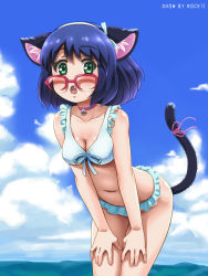 Rule 34 | 1girl, animal ears, awa, bikini, blue hair, blush, cat ears, cat tail, copyright name, cowboy shot, cyan (show by rock!!), day, fang, frilled bikini, frills, glasses, green eyes, hands on own thighs, leaning forward, looking at viewer, neck bell, open mouth, outdoors, over-rim eyewear, pink-framed eyewear, semi-rimless eyewear, short hair, show by rock!!, sky, solo, swimsuit, tail