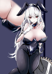 Rule 34 | 1girl, absurdres, abyssal hunters logo, alternate costume, animal ears, arknights, armband, breasts, choker, circular saw, commentary request, cowboy shot, fake animal ears, finger to mouth, gloves, heart, highres, holding, holding weapon, index finger raised, infection monitor (arknights), kokihanada, large breasts, leotard, long hair, long sleeves, looking at viewer, open mouth, pantyhose, playboy bunny, purple background, rabbit ears, red eyes, saw, silver hair, smile, solo, specter (arknights), weapon, white gloves