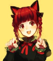 Rule 34 | 1girl, :d, animal ears, blush, braid, cat ears, cat girl, female focus, kaenbyou rin, open mouth, paw pose, red eyes, red hair, simple background, smile, solo, touhou, twin braids, upper body, weee (raemz), yellow background