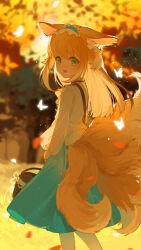 Rule 34 | 1girl, :d, animal ears, api qwq, arknights, basket, blonde hair, blue hairband, blue skirt, blurry, blurry background, blush, bug, butterfly, cardigan, commentary, cowboy shot, fox ears, fox tail, frilled hairband, frills, from side, grass, green eyes, hairband, highres, holding, holding basket, insect, long hair, long sleeves, looking at viewer, looking to the side, multiple tails, official alternate costume, open mouth, outdoors, skirt, smile, solo, suzuran (arknights), suzuran (spring praise) (arknights), tail, tree, white butterfly, white cardigan