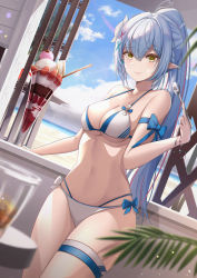 Rule 34 | 1girl, absurdres, arm ribbon, bangle, beach, bikini, blue bow, blue hair, blurry, blurry foreground, bow, bracelet, braid, breasts, cleavage, cloud, cowboy shot, crossed bangs, dutch angle, flower, food, fruit, hair between eyes, hair flower, hair ornament, halterneck, highres, holding, holding spoon, hololive, ice cream, jewelry, light blush, long hair, looking at viewer, medium breasts, multicolored hair, navel, ocean, pink hair, pointy ears, ponytail, ribbon, sand, sidelocks, sky, smile, solo, spoon, stomach, strawberry, streaked hair, string bikini, swimsuit, thigh strap, thighs, virtual youtuber, winterlime12, x hair ornament, yellow eyes, yukihana lamy