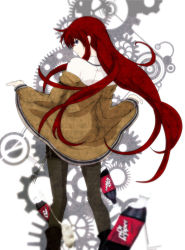 Rule 34 | 1girl, black pantyhose, bottle, dr pepper, from behind, gears, highres, jacket, long hair, looking at viewer, looking back, makise kurisu, monogatari (series), off shoulder, open clothes, open jacket, pantyhose, parody, red hair, shirt, solo, standing, steins;gate, very long hair, white shirt