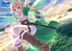 Rule 34 | 10s, 1girl, :d, alternate breast size, arm up, blonde hair, boots, braid, cloud, elf, fairy wings, floating island, flying, forest, green eyes, knee boots, leafa, long hair, looking at viewer, nature, open mouth, pointy ears, ponytail, puffy sleeves, sheath, sheathed, side braid, sky, smile, solo, sword, sword art online, thighhighs, twin braids, uehara yukihiko, weapon, white thighhighs, wings