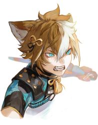 Rule 34 | 1boy, angry, animal ear fluff, animal ears, aqua eyes, armor, black shirt, blue shirt, commentary, crossed bangs, dated, dog boy, dog ears, fangs, genshin impact, gold trim, gorou (genshin impact), hair between eyes, hair ornament, highres, holding, holding weapon, messy hair, multicolored hair, multicolored shirt, neck tassel, open mouth, orange hair, shirt, short hair, short sleeves, shoulder armor, sidelocks, signature, simple background, slit pupils, solo, srro yo, streaked hair, symbol-only commentary, tassel, teeth, thick eyebrows, upper body, v-shaped eyebrows, weapon, weapon request, white background, white hair