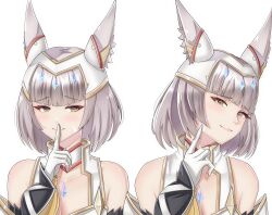 Rule 34 | 1girl, absurdres, animal ear fluff, animal ears, bare shoulders, breasts, cat ears, cat girl, chest jewel, cleavage, collarbone, commentary, finger to mouth, gold trim, grey hair, highres, index finger raised, medium hair, multiple views, nia (xenoblade), simple background, succducc888, white background, xenoblade chronicles (series), xenoblade chronicles 3, yellow eyes