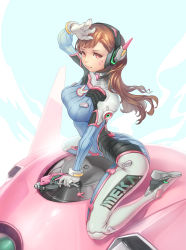 Rule 34 | 1girl, absurdres, acronym, animal print, arm support, armor, ass, blue sky, bodysuit, boots, bracer, breasts, brown eyes, brown hair, character name, charm (object), closed mouth, d.va (overwatch), day, eyelashes, facepaint, facial mark, full body, gloves, gun, hand to head, hand up, handgun, headphones, highres, holding, holding gun, holding weapon, jang hj, large breasts, long hair, long sleeves, mecha, meka (overwatch), overwatch, overwatch 1, pauldrons, pilot suit, rabbit print, ribbed bodysuit, robot, salute, shoulder armor, shoulder pads, sitting, skin tight, sky, solo, thigh boots, thigh strap, thighhighs, turtleneck, wariza, weapon, whisker markings, white footwear, white gloves