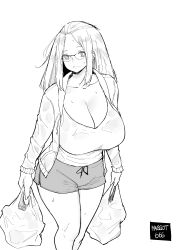 Rule 34 | 1girl, absurdres, artist name, bag, bangs pinned back, breasts, casual, cleavage, collarbone, doodle, facing viewer, feet out of frame, glasses, greyscale, grocery bag, hair pulled back, highres, inne sulistya robin, jacket, large breasts, long hair, looking at viewer, monochrome, norman maggot, open clothes, open jacket, original, plastic bag, shopping bag, short shorts, shorts, simple background, solo, standing, sweat, thighs, white background