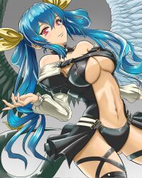 Rule 34 | 1girl, angel wings, arc system works, blue hair, breasts, cleavage, dizzy (guilty gear), guilty gear, hair ribbon, highres, large breasts, legs, looking at viewer, navel, red eyes, ribbon, smile, solo, thighs, twintails, underboob, wings