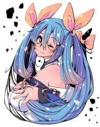 Rule 34 | 1girl, bare shoulders, belt bra, blue hair, bow, breasts, choker, closed mouth, dizzy (guilty gear), from side, guilty gear, guilty gear xrd, hair between eyes, hair ribbon, highres, iguana henshuu-chou, long hair, looking at viewer, looking to the side, one eye closed, pirate, red eyes, ribbon, simple background, solo, tail, tail bow, tail ornament, tail ribbon, twintails, upper body, white background, yellow ribbon