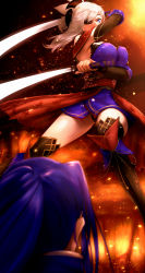 Rule 34 | 1boy, 1girl, absurdres, black footwear, black pants, blue hair, blue kimono, boots, breasts, detached sleeves, dual wielding, eyepatch, fate/grand order, fate (series), floating hair, highres, holding, holding sword, holding weapon, japanese clothes, katana, kimono, large breasts, long hair, miyamoto musashi (fate), miyamoto musashi (second ascension) (fate), obi, pants, pixiv fate/grand order contest 2, ponytail, sasaki kojirou (fate), sash, short kimono, silver hair, sleeveless, sleeveless kimono, solo, somebody (leiking00), spoilers, standing, sword, thigh boots, thighhighs, weapon