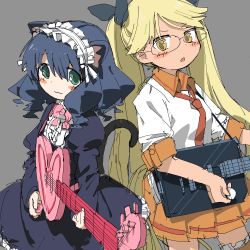 Rule 34 | 2girls, :3, absurdres, animal ears, back-to-back, blush stickers, cat ears, cat girl, cyan (show by rock!!), dark-skinned female, dark skin, electric guitar, glasses, grey background, guitar, highres, instrument, lolita fashion, long hair, looking at another, multiple girls, plectrum, retoree (show by rock!!), show by rock!!, simple background, skirt, strawberry heart (show by rock!!), tail, tsukumizu yuu, wavy hair