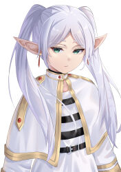 Rule 34 | 1girl, arms at sides, belt, black belt, bright pupils, capelet, closed mouth, commentary, drop earrings, earrings, elf, expressionless, eyelashes, frieren, green eyes, grey hair, highres, jewelry, long hair, long sleeves, parted bangs, pointy ears, shirt, short eyebrows, simple background, solo, sousou no frieren, straight hair, thick eyebrows, tsurime, twintails, upper body, uyufuzi s, white background, white capelet, white shirt