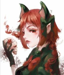 Rule 34 | 1girl, animal ears, black bow, black gloves, blush, bow, bowtie, braid, breasts, cat ears, dress, extra ears, gloves, green dress, hand up, holding, holding skull, kaenbyou rin, large breasts, lips, long hair, niromi, nose, nostrils, parted lips, profile, red bow, red bowtie, red eyes, red hair, sideways glance, simple background, skull, solo, tareme, touhou, twin braids, white background