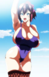Rule 34 | 1girl, akane wa tsumare somerareru, armpit hair, armpits, arms up, blue eyes, blue one-piece swimsuit, breasts, female focus, female pubic hair, hand up, highres, huge breasts, nanao akane, nipples through clothes, one-piece swimsuit, open mouth, ponytail, pubic hair, pussy juice, red hair, screencap, solo, sweat, sweatdrop, swimsuit, takeda hiromitsu, thighhighs