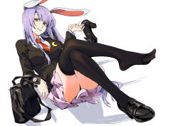Rule 34 | 1girl, animal ears, black bag, black footwear, black jacket, black thighhighs, bright pupils, collared shirt, crescent, feet, foot focus, head tilt, high heels, highres, holding, holding shoes, jacket, loafers, long hair, looking at viewer, necktie, pink skirt, purple hair, rabbit ears, red eyes, red necktie, reisen udongein inaba, ruukii drift, shirt, shoes, unworn shoes, simple background, single shoe, sitting, skirt, smile, solo, thighhighs, toe-point, toes, touhou, white background, white pupils, white shirt, wing collar