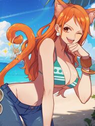 Rule 34 | 1girl, animal ear fluff, animal ears, bangle, bare shoulders, beach, bikini, bikini top only, blue pants, blue sky, bracelet, breasts, brown eyes, cat ears, cat girl, cat tail, cleavage, cloud, cloudy sky, commentary request, cowboy shot, day, denim, earrings, extra ears, glint, green bikini, hair behind ear, hand up, highres, holding, holding key, jeans, jewelry, key, kurage20001, large breasts, log pose, long hair, looking at viewer, midriff, nami (one piece), navel, ocean, one eye closed, one piece, open mouth, orange hair, outdoors, palm tree, pants, pearl earrings, sand, sky, solo, sparkle, swimsuit, tail, tree, wavy hair