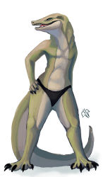 Rule 34 | 1girl, alligator, black claws, claws, crocodilian, flat chest, furry, green eyes, hand on own hip, long tail, panties, reptile, reptile girl, sharp teeth, tail, teeth, underwear, white background