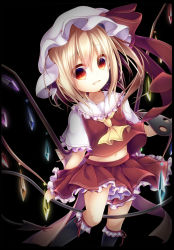 Rule 34 | 1girl, ascot, ayatan-kiri, black background, black socks, blonde hair, blouse, bow, fang, flandre scarlet, framed, frilled hat, frilled shirt, frilled skirt, frilled socks, frills, gradient eyes, hat, hat bow, highres, holding, kneehighs, laevatein, large bow, legs apart, looking at viewer, mob cap, multicolored eyes, navel, open mouth, red eyes, red shirt, red skirt, shirt, short sleeves, side ponytail, simple background, skirt, slit pupils, socks, solo, standing, touhou, white hat, wings