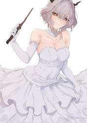 Rule 34 | 1girl, absurdres, alternate costume, arknights, blu (1712), blush, breasts, brown eyes, cleavage, collar, collarbone, cowboy shot, dragon girl, dragon horns, dress, elbow gloves, frilled dress, frills, gloves, grey hair, highres, holding, holding wand, horns, looking at viewer, medium breasts, short hair, simple background, smile, solo, split mouth, strapless, strapless dress, talulah (arknights), wand, wedding dress, white background, white collar, white dress, white gloves