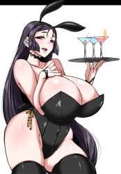 Rule 34 | 1girl, bare shoulders, black thighhighs, breasts, cleavage, curvy, fate/grand order, fate (series), huge breasts, komusou (jinrikisha), leotard, long hair, looking at viewer, minamoto no raikou (fate), open mouth, playboy bunny, purple eyes, purple hair, simple background, skindentation, smile, solo, thick thighs, thighhighs, thighs, very long hair, white background, wide hips