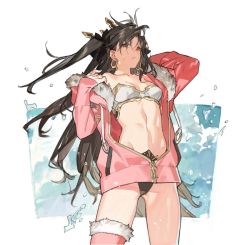 Rule 34 | 1girl, bikini, black hair, collarbone, earrings, fate/grand order, fate (series), fur trim, gluteal fold, groin, hair ornament, ishtar (fate), ishtar (fate), jacket, jewelry, long hair, navel, open clothes, open jacket, pink jacket, red eyes, single thighhigh, solo, starshadowmagician, swimsuit, thighhighs, tohsaka rin, twintails, two side up, water, waves