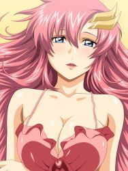 Rule 34 | 1girl, blue eyes, breasts, cleavage, gundam, gundam seed, gundam seed destiny, hair ornament, highres, kh-fullhouse, lacus clyne, large breasts, lingerie, lips, long hair, looking at viewer, lying, negligee, official style, on back, parted lips, pink hair, solo, underwear, upper body