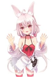 Rule 34 | 1girl, animal ear fluff, animal ears, arms up, blush, breasts, camisole, choker, highres, jacket, long hair, low twintails, midriff, navel, open mouth, pink eyes, pink hair, rabbit ears, red camisole, simple background, small breasts, smile, solo, striped clothes, striped thighhighs, tangent (reflans), thighhighs, tomari mari, tomari mari channel, twintails, virtual youtuber, white background, white jacket