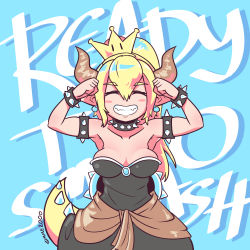 Rule 34 | 1girl, absurdres, armlet, black dress, blonde hair, bowsette, bracelet, brooch, closed eyes, collar, comic, commentary, dress, earrings, english commentary, fangs, gimme2000, hair between eyes, highres, horns, jewelry, long hair, mario (series), new super mario bros. u deluxe, nintendo, pointy ears, ponytail, sharp teeth, smile, spiked armlet, spiked bracelet, spiked collar, spiked shell, spiked tail, spikes, super crown, tail, teeth, thick eyebrows