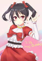 Rule 34 | 10s, 1girl, black hair, blush, bow, gradient background, hair bow, highres, looking at viewer, love live!, love live! school idol project, nico nico nii, red eyes, short hair, smile, solo, twintails, yazawa nico, yuyan