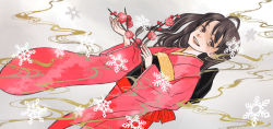 Rule 34 | 1girl, black hair, brown eyes, japanese clothes, kimono, mizoue naoko, mokuren, original, snowflakes, solo