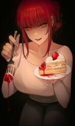 Rule 34 | 1girl, black background, bra visible through clothes, braid, breasts, cake, chainsaw man, folded hair, food, fork, fruit, happy birthday, highres, holding, holding fork, incoming food, large breasts, makima (chainsaw man), plate, red hair, ringed eyes, shirt, sidelocks, solo, solraka, strawberry, white shirt, yellow eyes