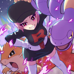 Rule 34 | 1girl, belt, black dress, black headwear, blush, boots, breasts, commentary request, creatures (company), dress, ekans, energy, eyebrows visible through hat, eyelashes, game freak, gen 1 pokemon, gloves, grin, hand on own hip, hat, highres, knees, legs apart, nintendo, pink hair, pokemon, pokemon (creature), pokemon hgss, raticate, short hair, smile, team rocket, team rocket grunt, team rocket uniform, teeth, thigh boots, thighhighs, tom (pixiv10026189), white belt, white footwear, white gloves
